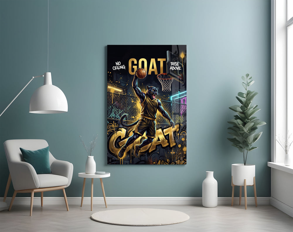 goat panther basketball dunk glass wall art styled above an armchair in a reading corner