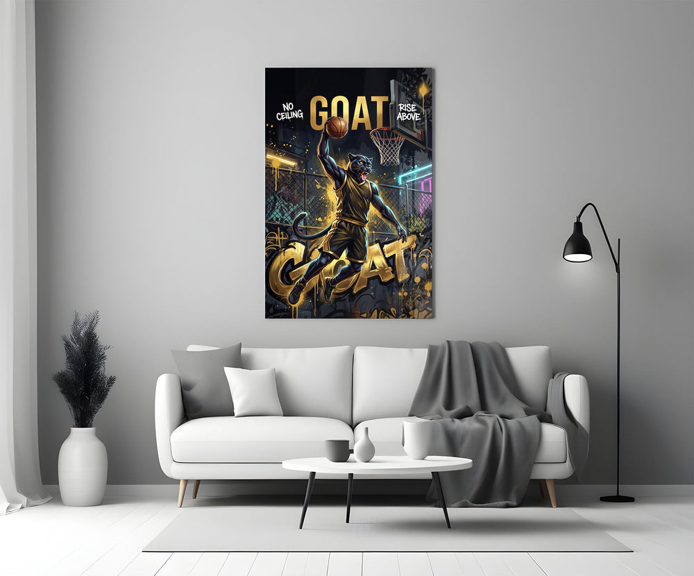 goat panther basketball dunk panel bringing character to a minimalist living room wall