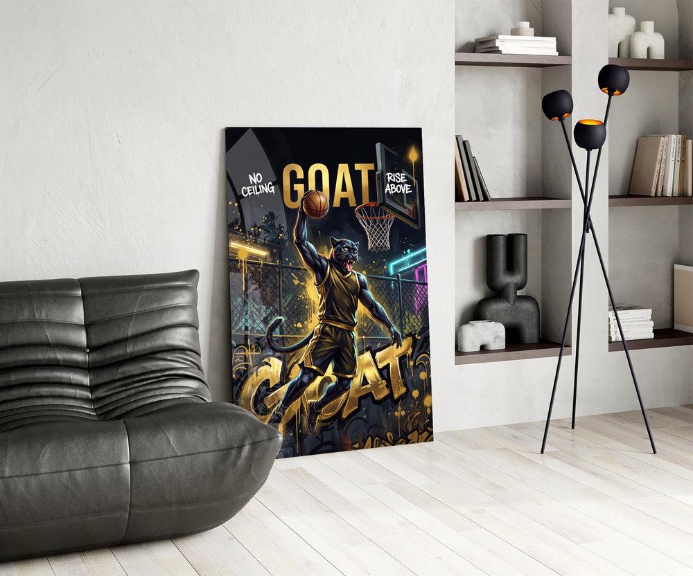 goat panther basketball dunk glass wall art leaning beside a dark leather sofa