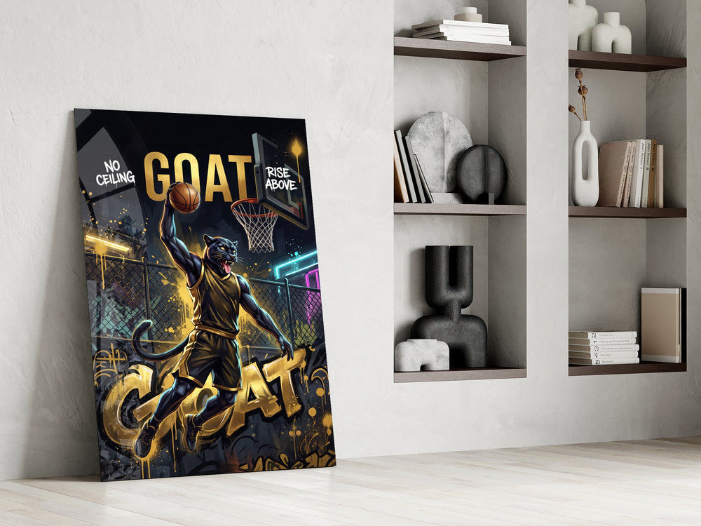 goat panther basketball dunk panel resting in a shelving niche in a modern interior