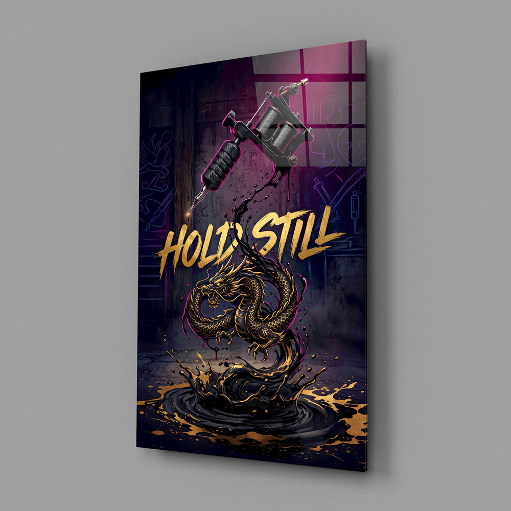 hold still tattoo machine and gold dragon glass wall art angled to show the polished tempered glass panel