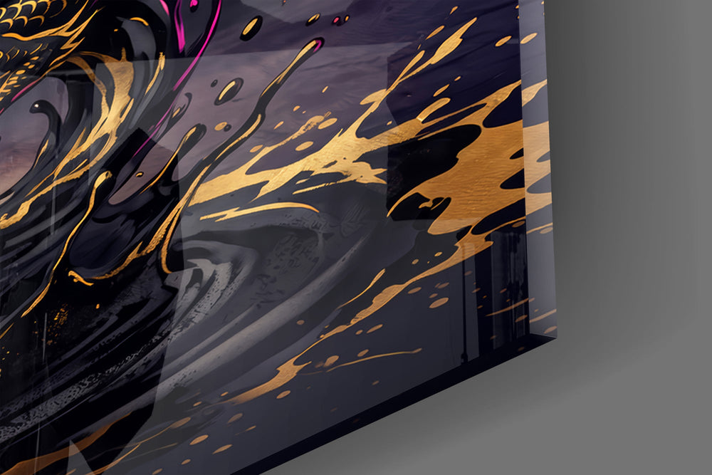 Close-up detail of the black coil tattoo machine and the golden dragon rising from spilled ink on the glass surface