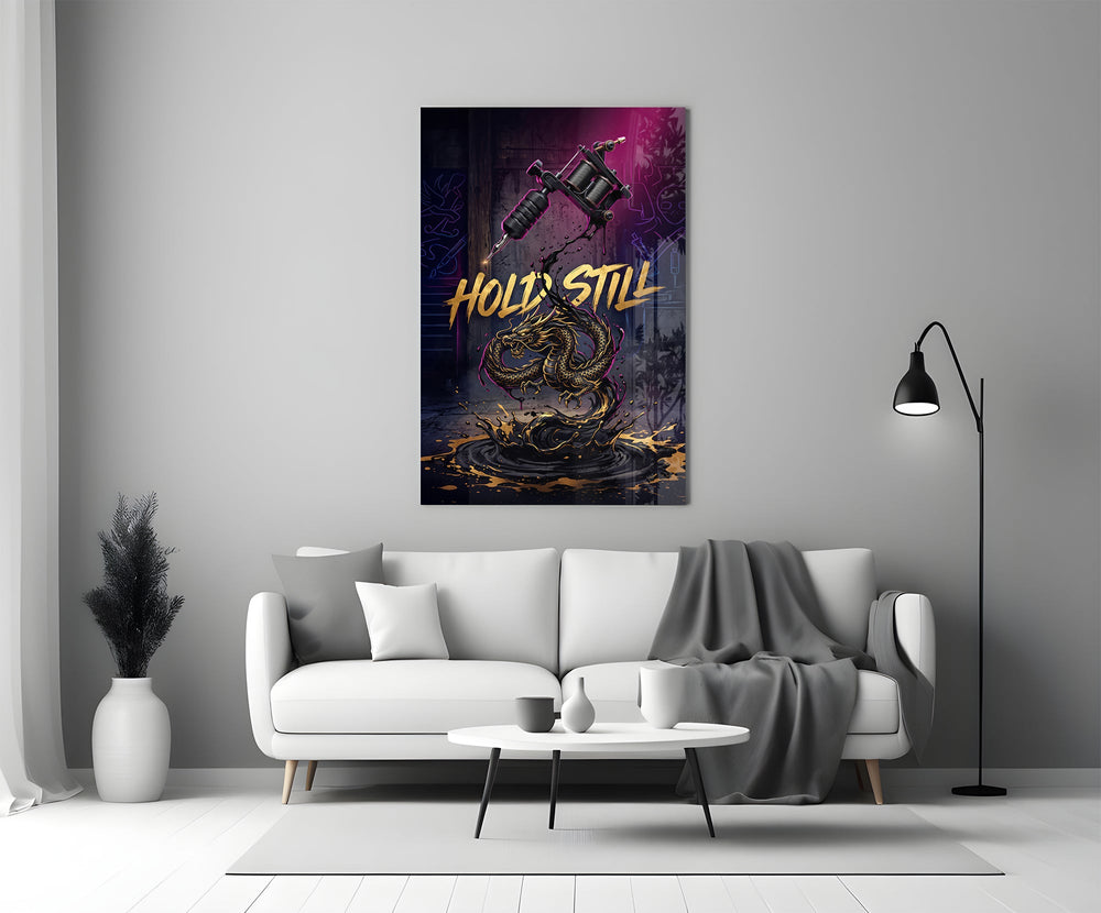 hold still tattoo machine and gold dragon panel bringing character to a minimalist living room wall
