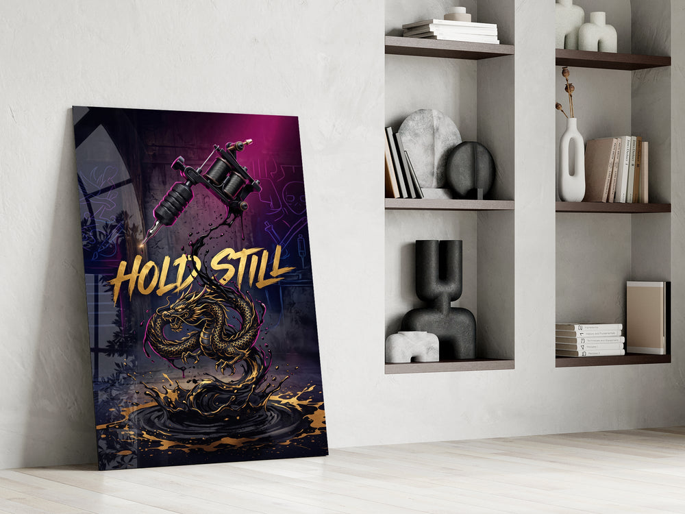 hold still tattoo machine and gold dragon panel resting in a shelving niche in a modern interior