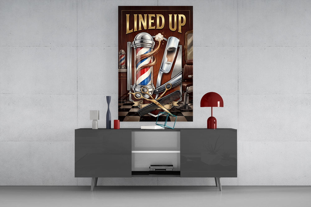 lined up vintage barbershop emblem glass wall art displayed above a console in a designer interior