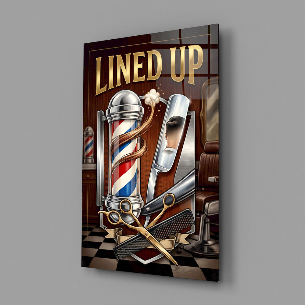 lined up vintage barbershop emblem glass wall art angled to show the polished tempered glass panel