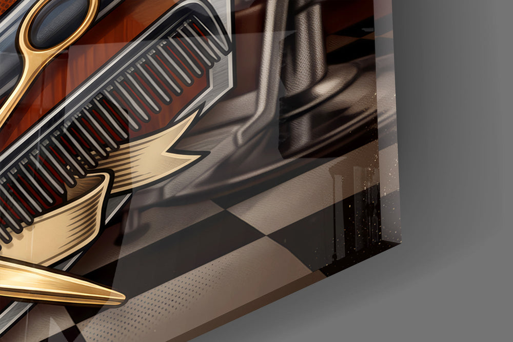 Close-up detail of the spiral barber pole, straight razor, and crossed gold scissors and comb on the glass surface