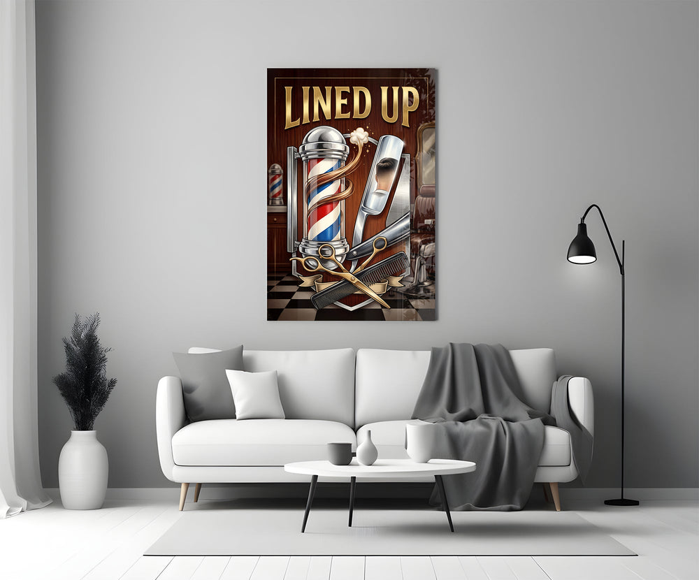 lined up vintage barbershop emblem panel bringing character to a minimalist living room wall