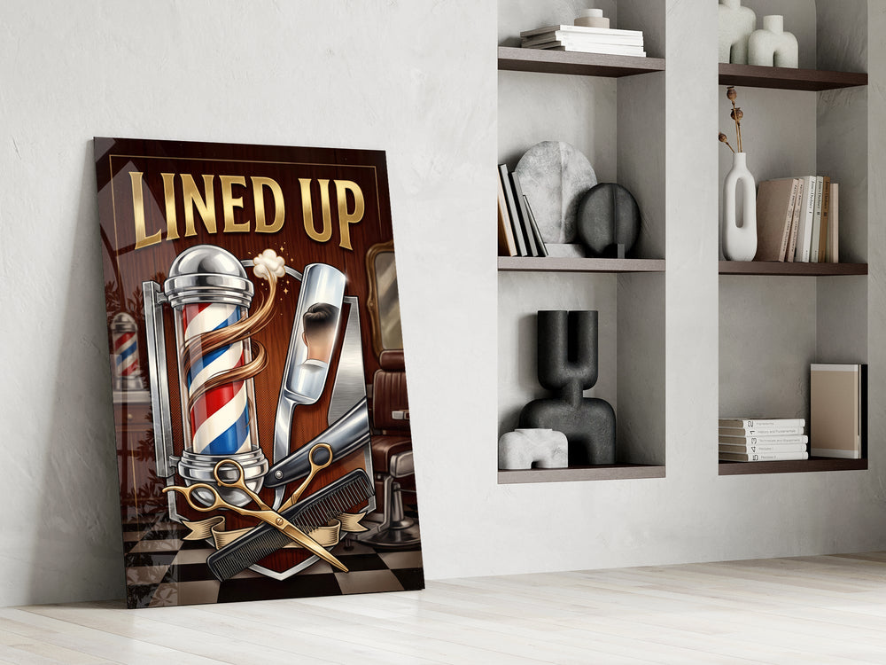 lined up vintage barbershop emblem panel resting in a shelving niche in a modern interior
