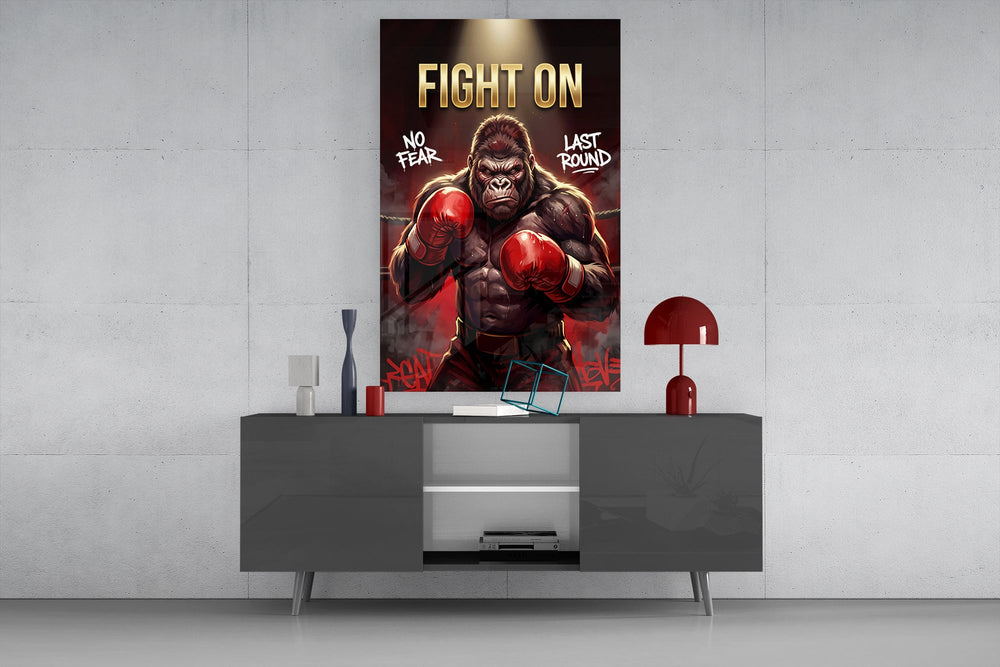 fight on gorilla boxer glass wall art displayed above a console in a designer interior