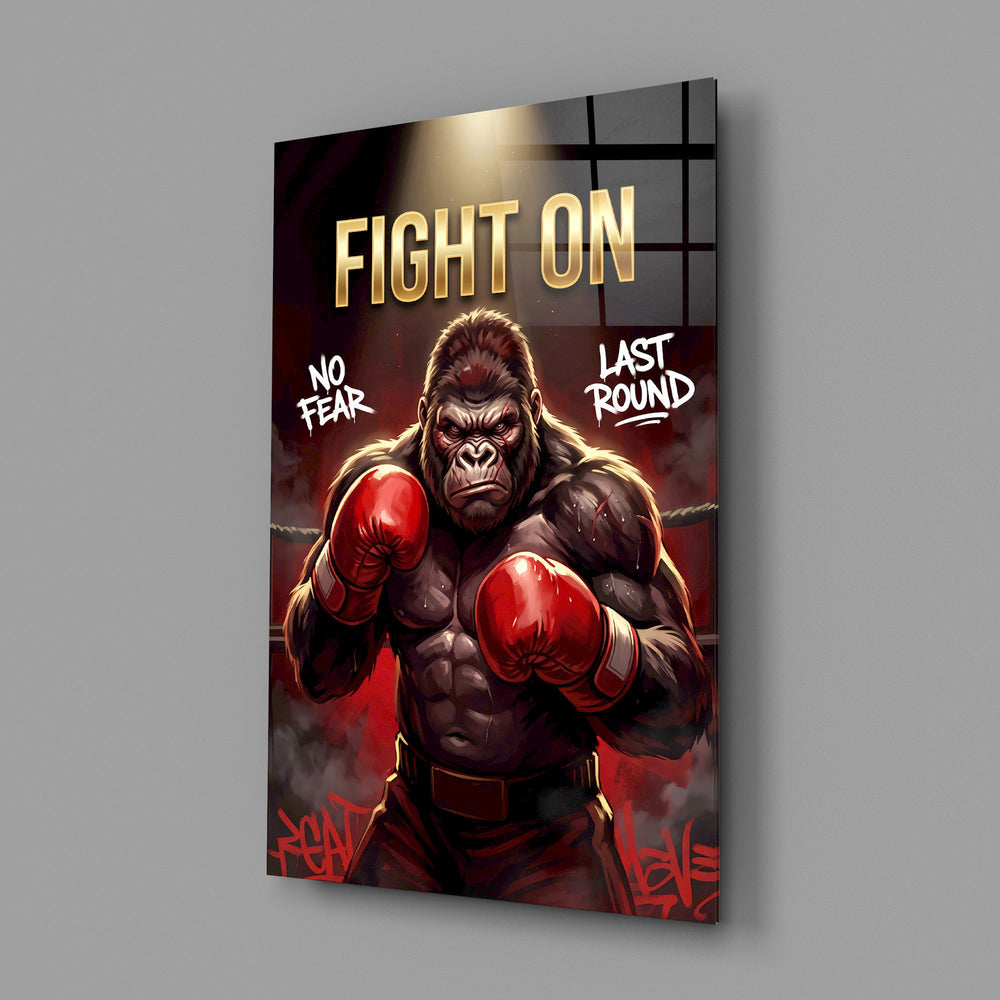 fight on gorilla boxer glass wall art angled to show the polished tempered glass panel