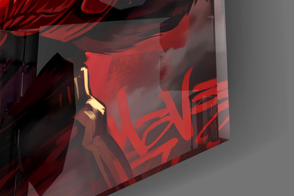 Close-up detail of the gorilla's red boxing gloves raised in a spotlit ring on the glass surface