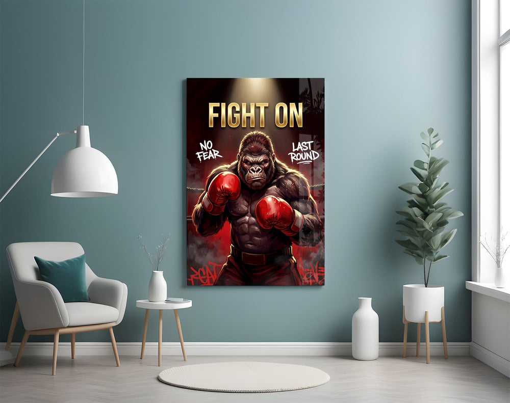 fight on gorilla boxer glass wall art styled above an armchair in a reading corner