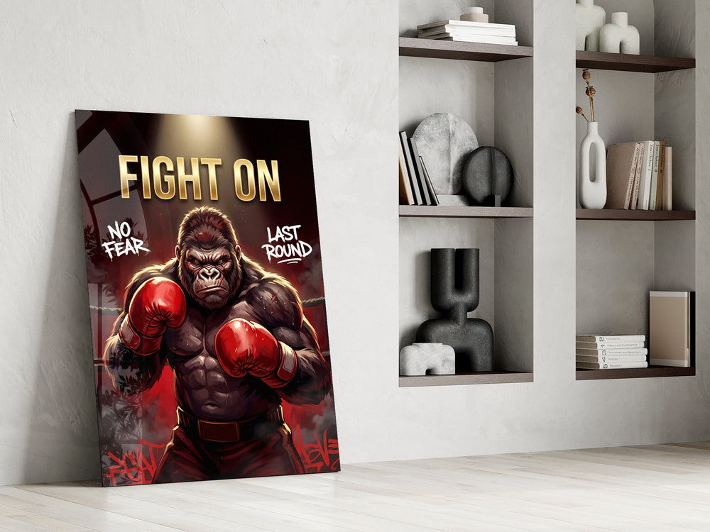 fight on gorilla boxer panel resting in a shelving niche in a modern interior