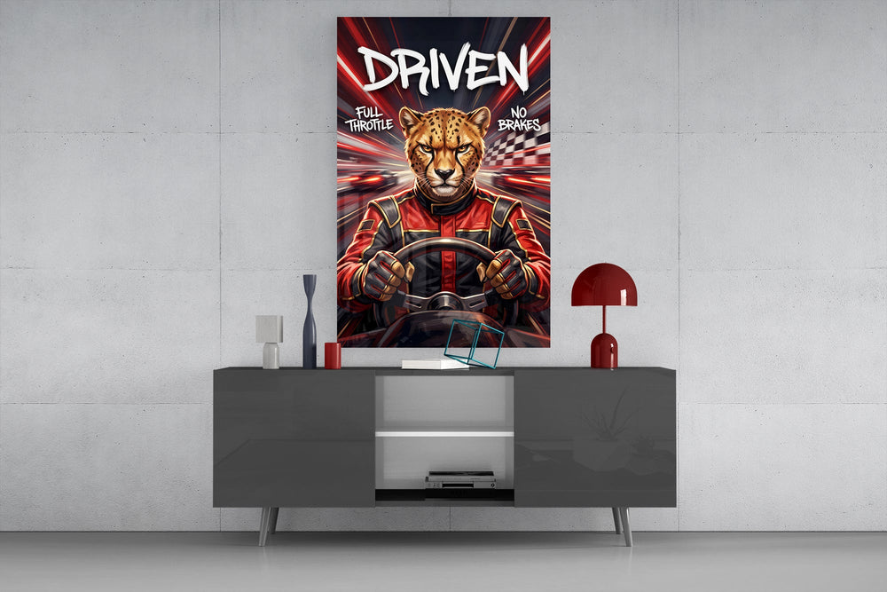 driven cheetah race car driver glass wall art displayed above a console in a designer interior