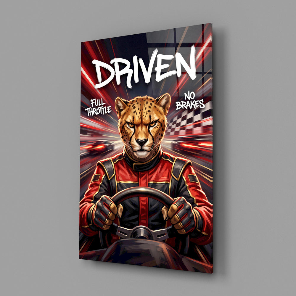 driven cheetah race car driver glass wall art angled to show the polished tempered glass panel