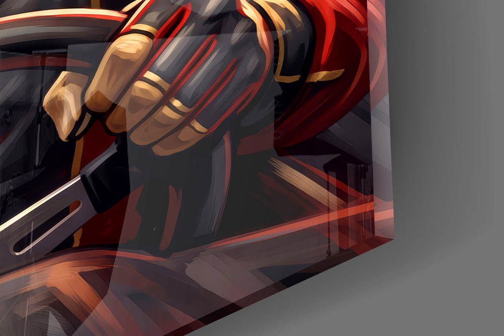 Close-up detail of the cheetah's red and gold racing suit and its grip on the steering wheel amid speed streaks on the glass surface