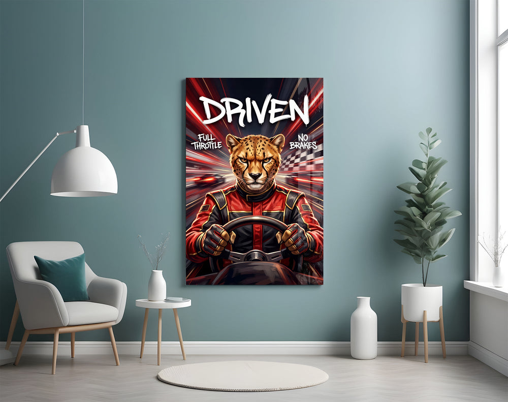 driven cheetah race car driver glass wall art styled above an armchair in a reading corner