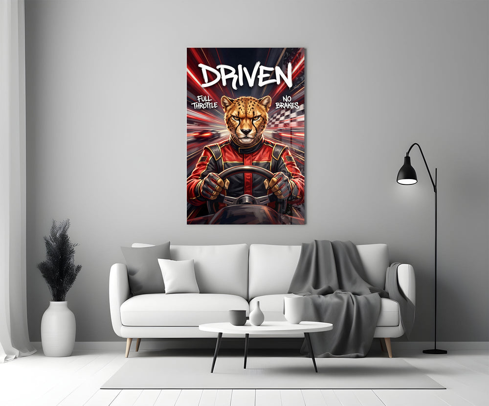 driven cheetah race car driver panel bringing character to a minimalist living room wall
