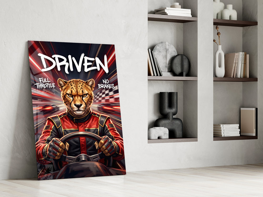 driven cheetah race car driver panel resting in a shelving niche in a modern interior