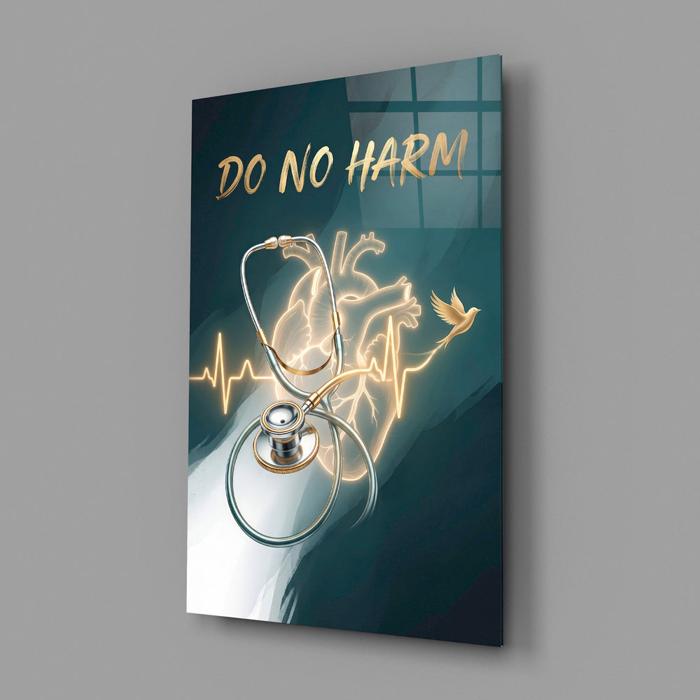 do no harm stethoscope and golden heart glass wall art angled to show the polished tempered glass panel