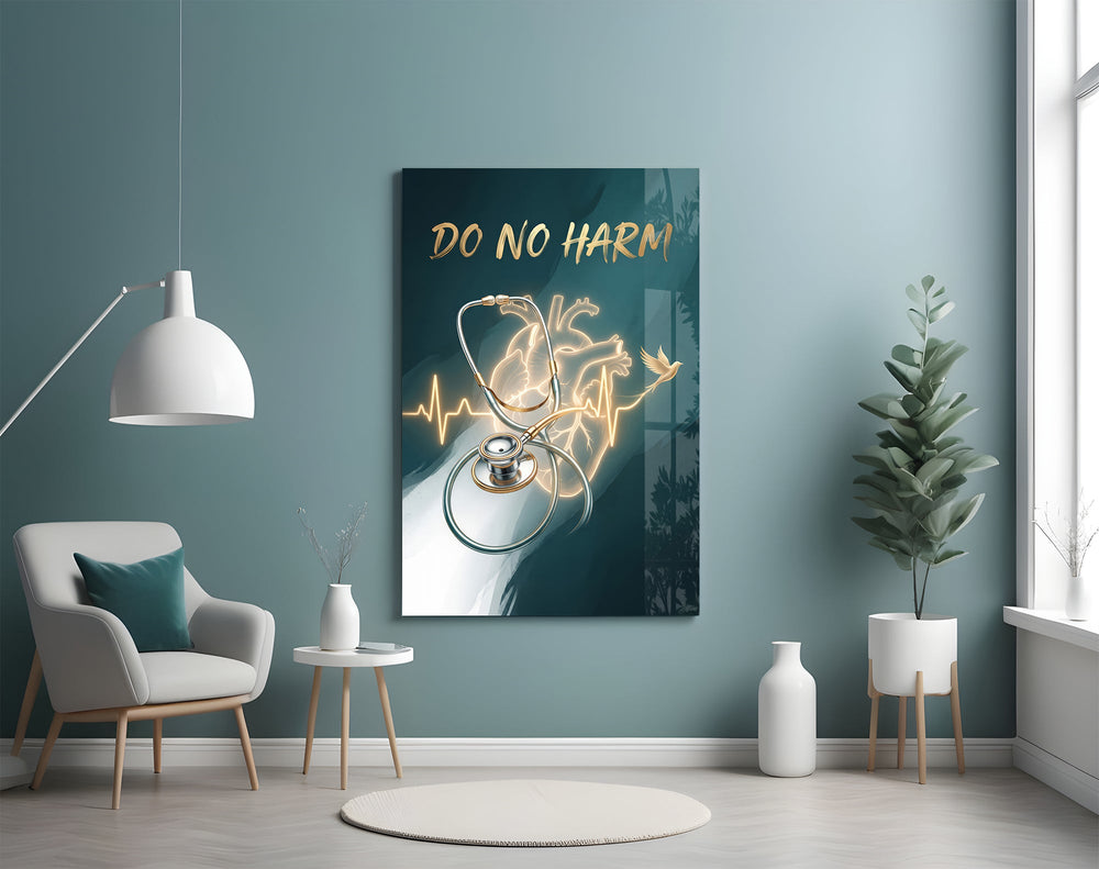 do no harm stethoscope and golden heart glass wall art styled above an armchair in a reading corner