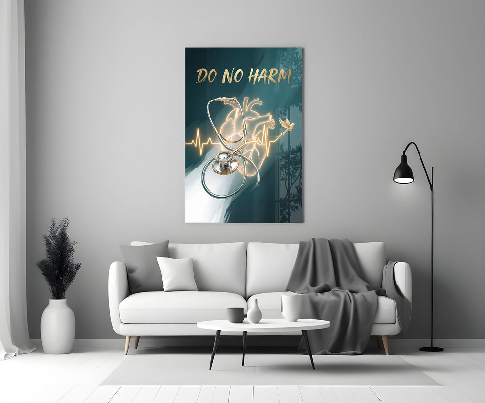 do no harm stethoscope and golden heart panel bringing character to a minimalist living room wall