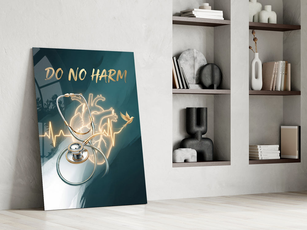 do no harm stethoscope and golden heart panel resting in a shelving niche in a modern interior
