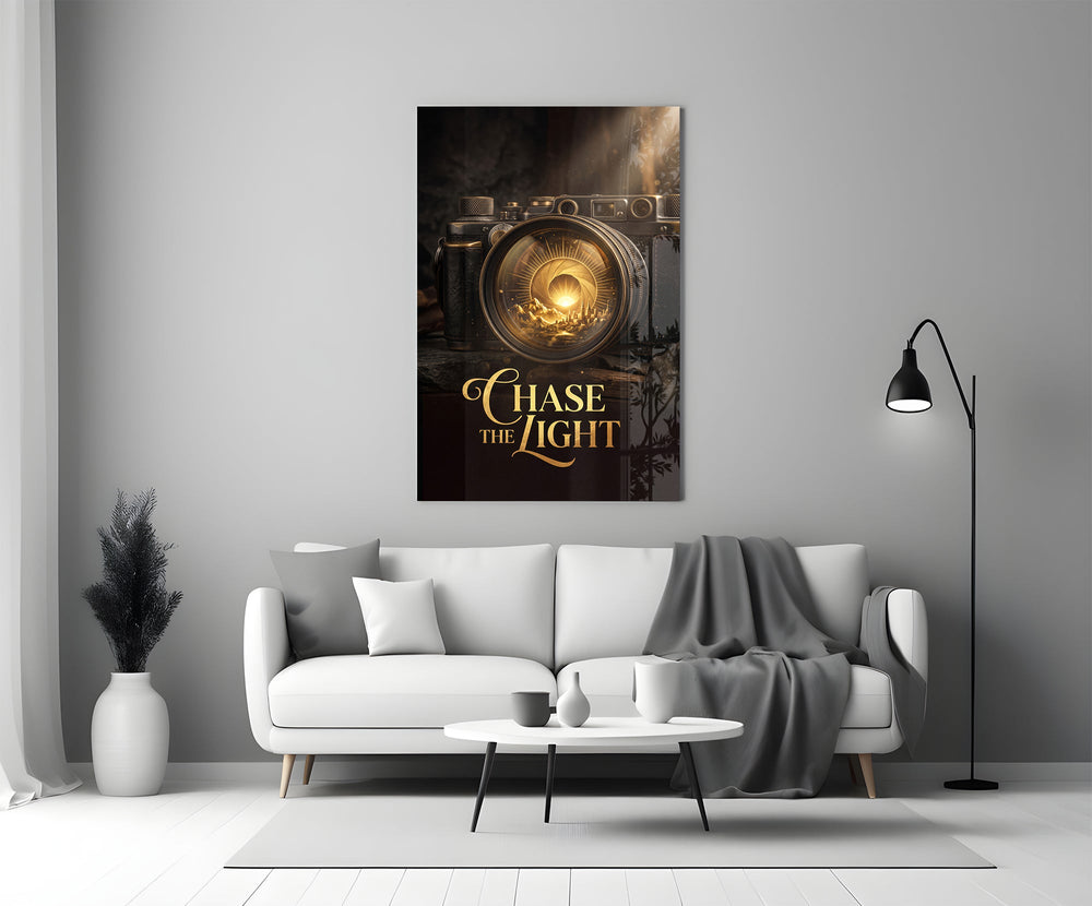 gold vintage camera with a sunrise lens panel bringing character to a minimalist living room wall