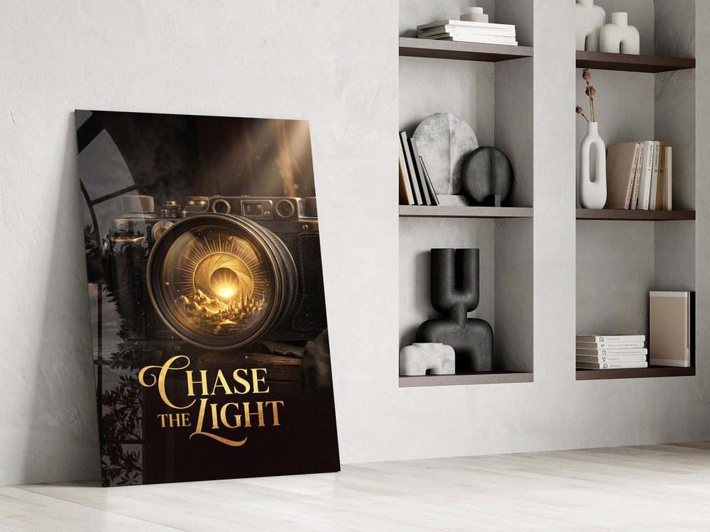 gold vintage camera with a sunrise lens panel resting in a shelving niche in a modern interior