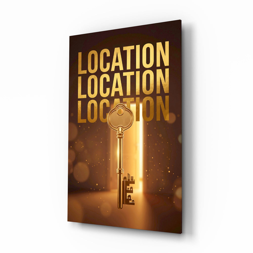 Location Location Location Gold Key Glass Wall Art - Lifestyle preview in a designer interior