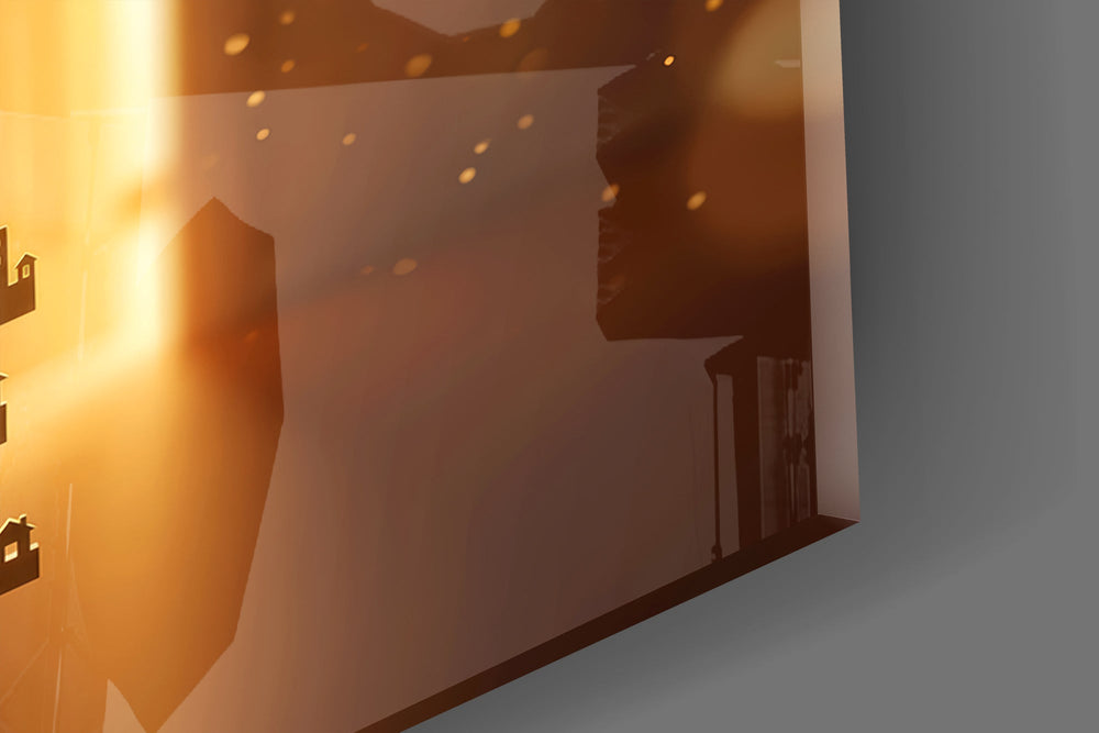 Close-up detail of the city skyline cut into the teeth of the key on the glass surface