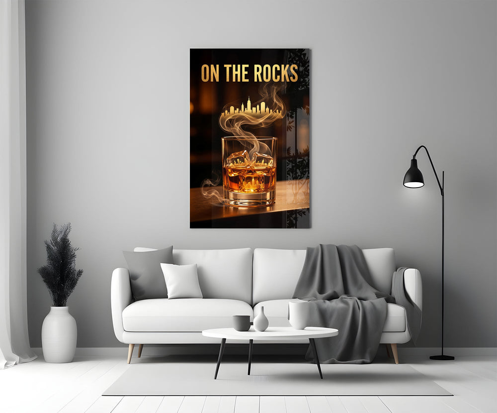 whiskey glass with a golden skyline panel bringing character to a minimalist living room wall