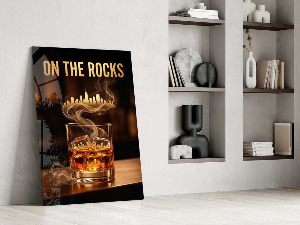 whiskey glass with a golden skyline panel resting in a shelving niche in a modern interior