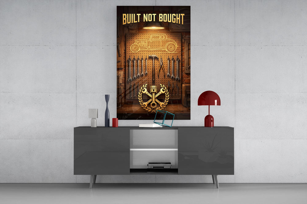 hot rod garage tool wall glass wall art displayed above a console in a designer interior