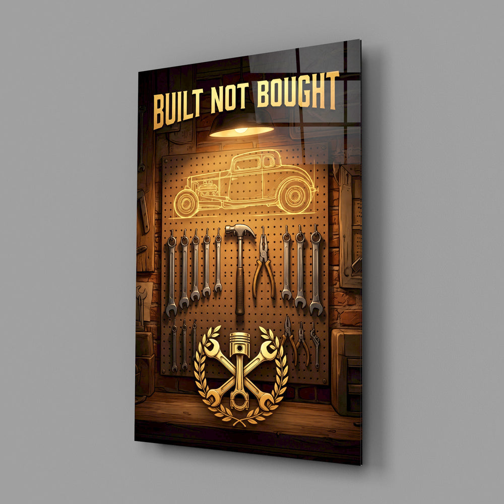 hot rod garage tool wall glass wall art angled to show the polished tempered glass panel
