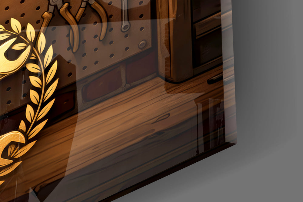 Close-up detail of the crossed wrenches and piston emblem in a laurel wreath on the glass surface
