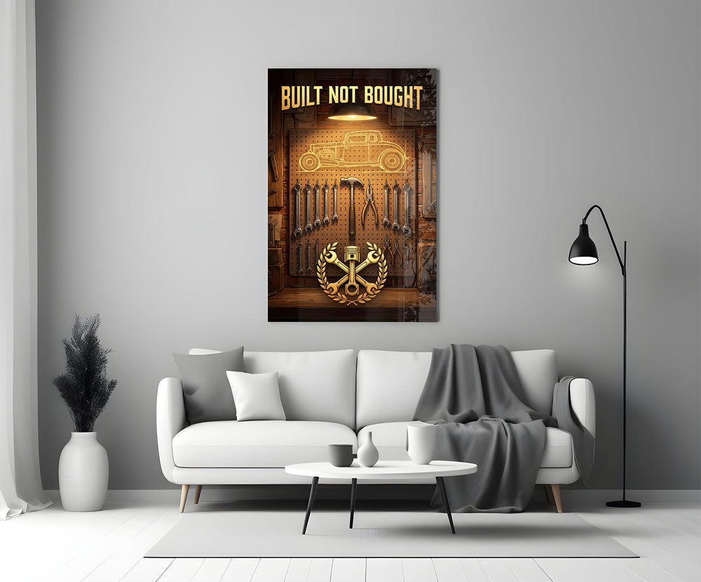 hot rod garage tool wall panel bringing character to a minimalist living room wall