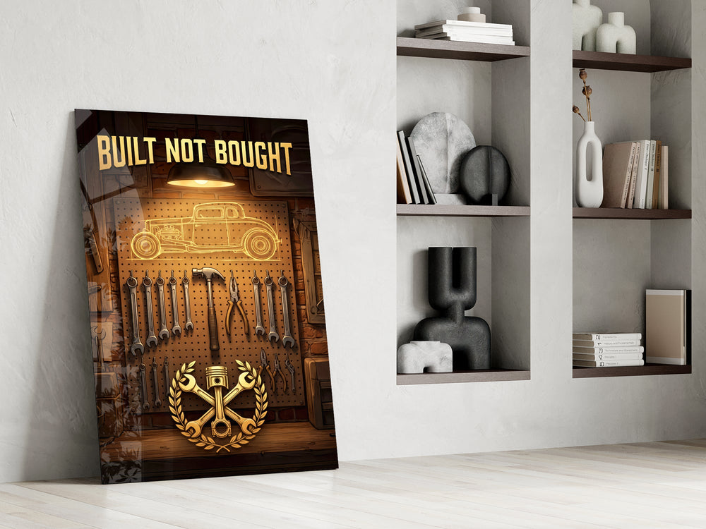 hot rod garage tool wall panel resting in a shelving niche in a modern interior