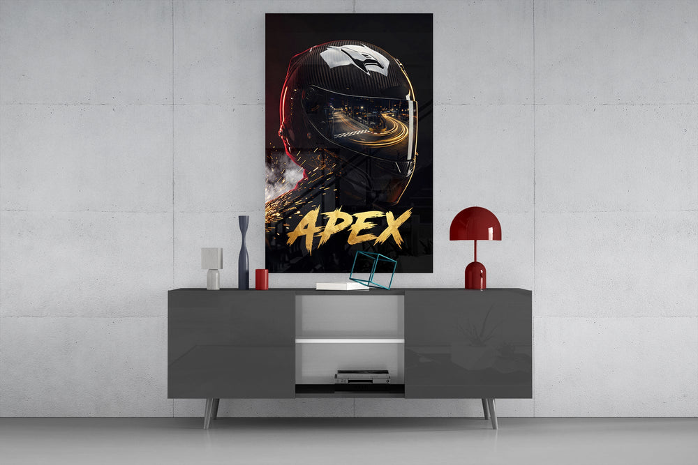 black racing helmet with a track reflection glass wall art displayed above a console in a designer interior