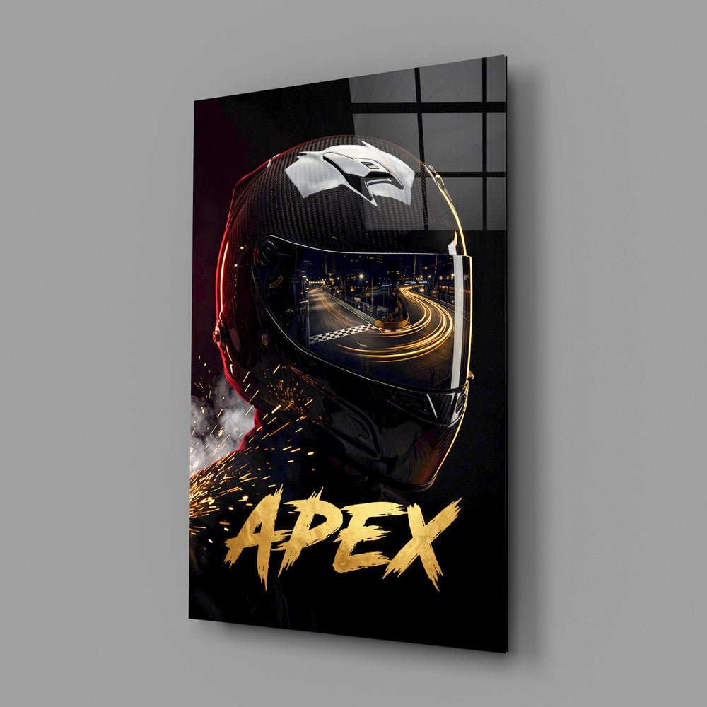 black racing helmet with a track reflection glass wall art angled to show the polished tempered glass panel