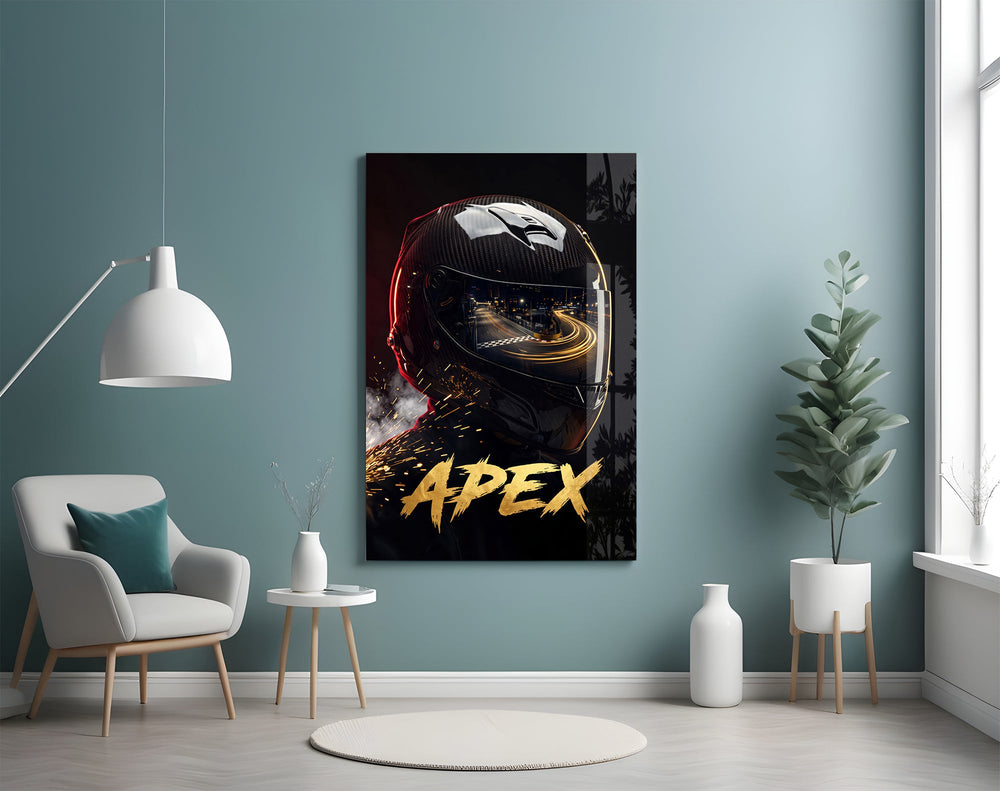 black racing helmet with a track reflection glass wall art styled above an armchair in a reading corner
