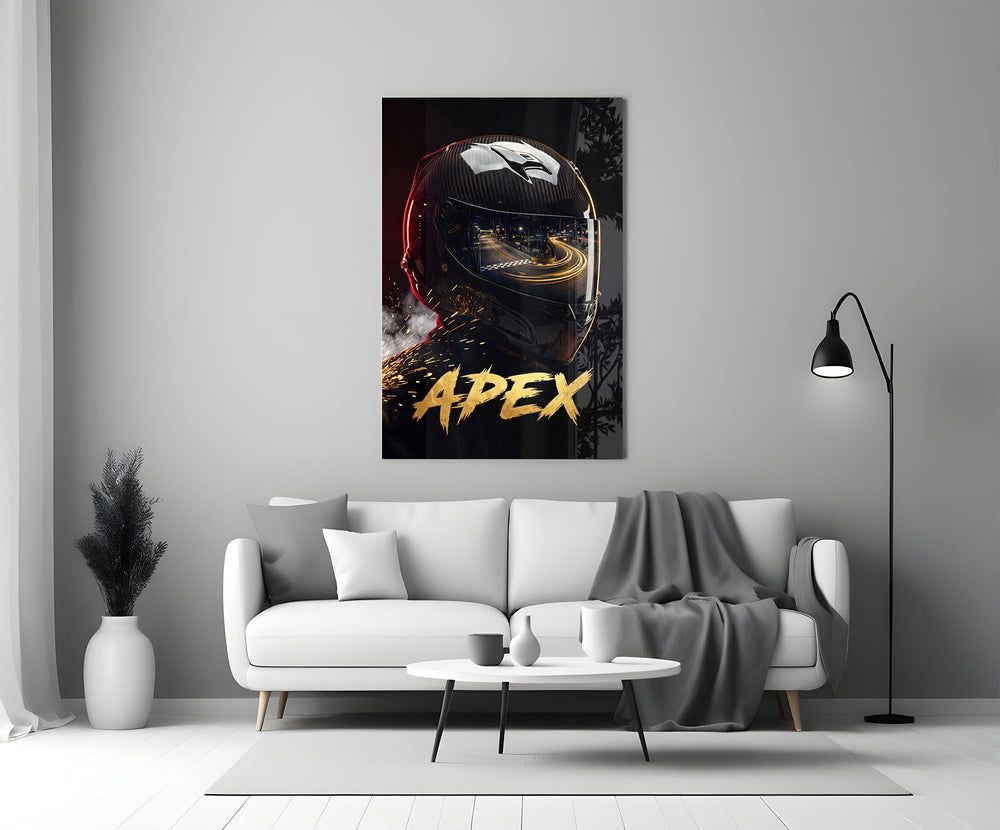 black racing helmet with a track reflection panel bringing character to a minimalist living room wall