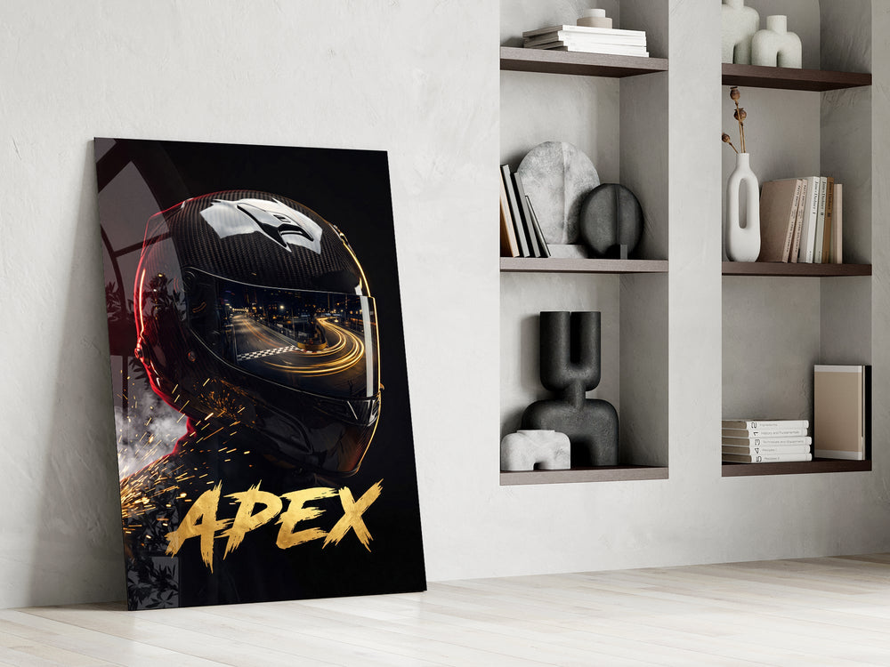 black racing helmet with a track reflection panel resting in a shelving niche in a modern interior