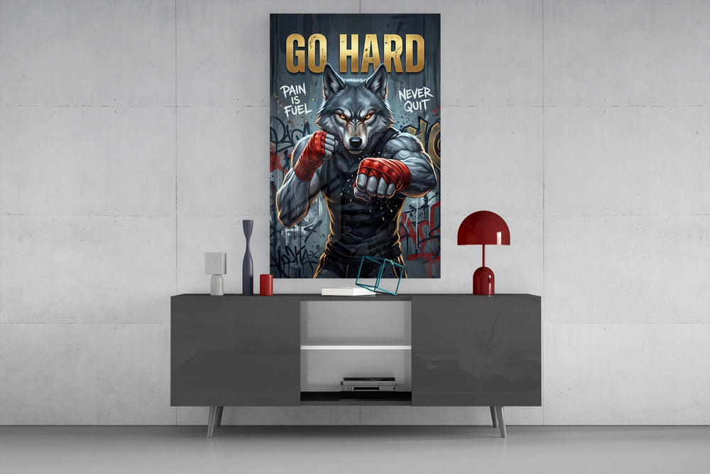 a boxing wolf with red hand wraps glass wall art displayed above a console in a designer interior