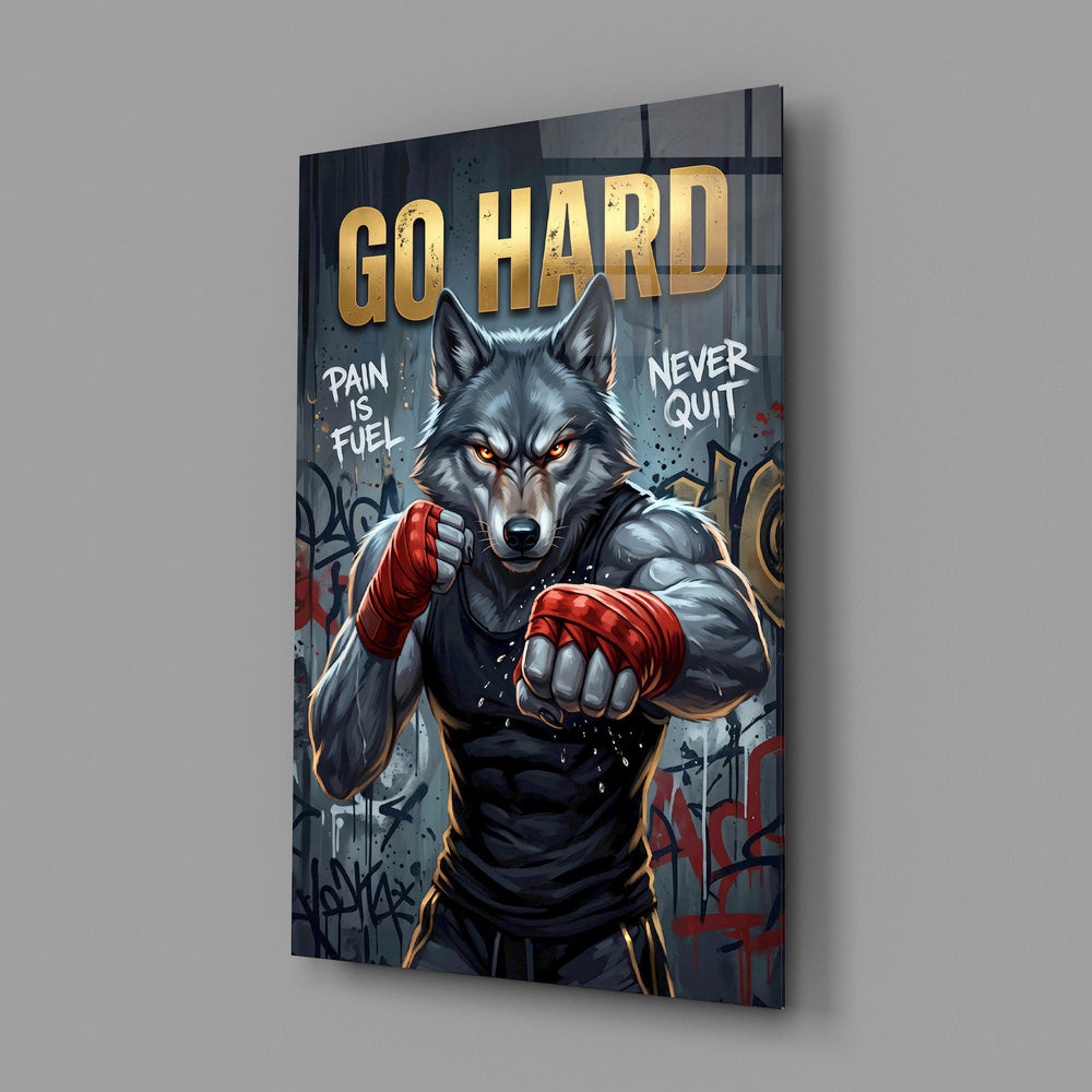 a boxing wolf with red hand wraps glass wall art angled to show the polished tempered glass panel