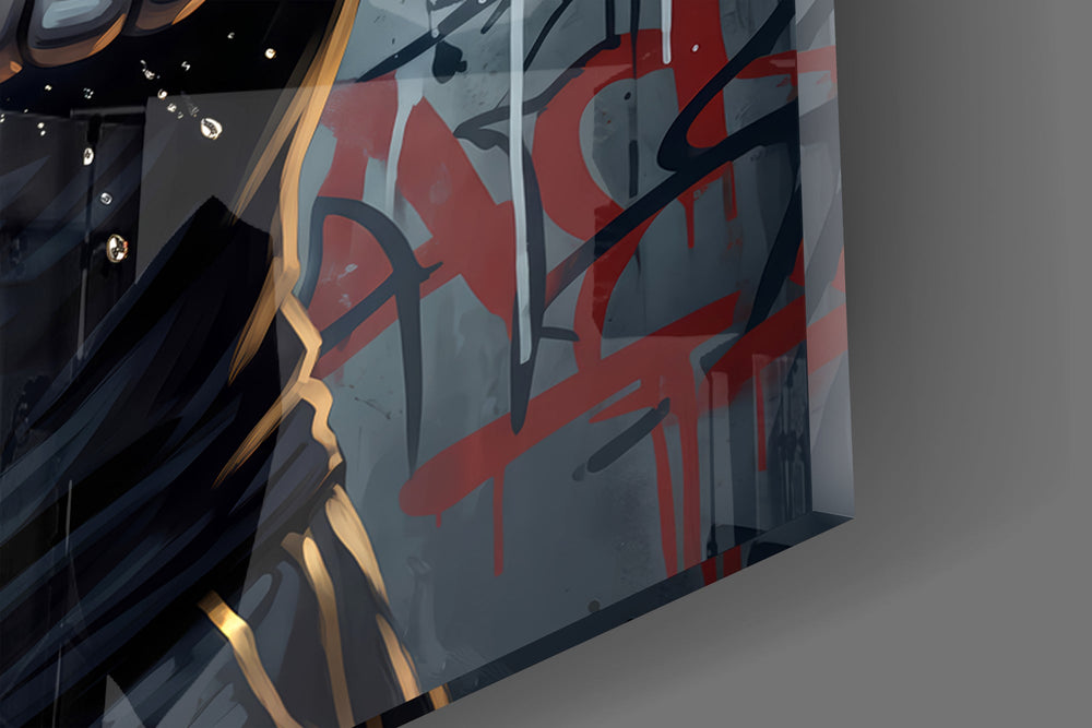 Close-up detail of the red hand wraps and the wolf's glowing amber eyes on the glass surface