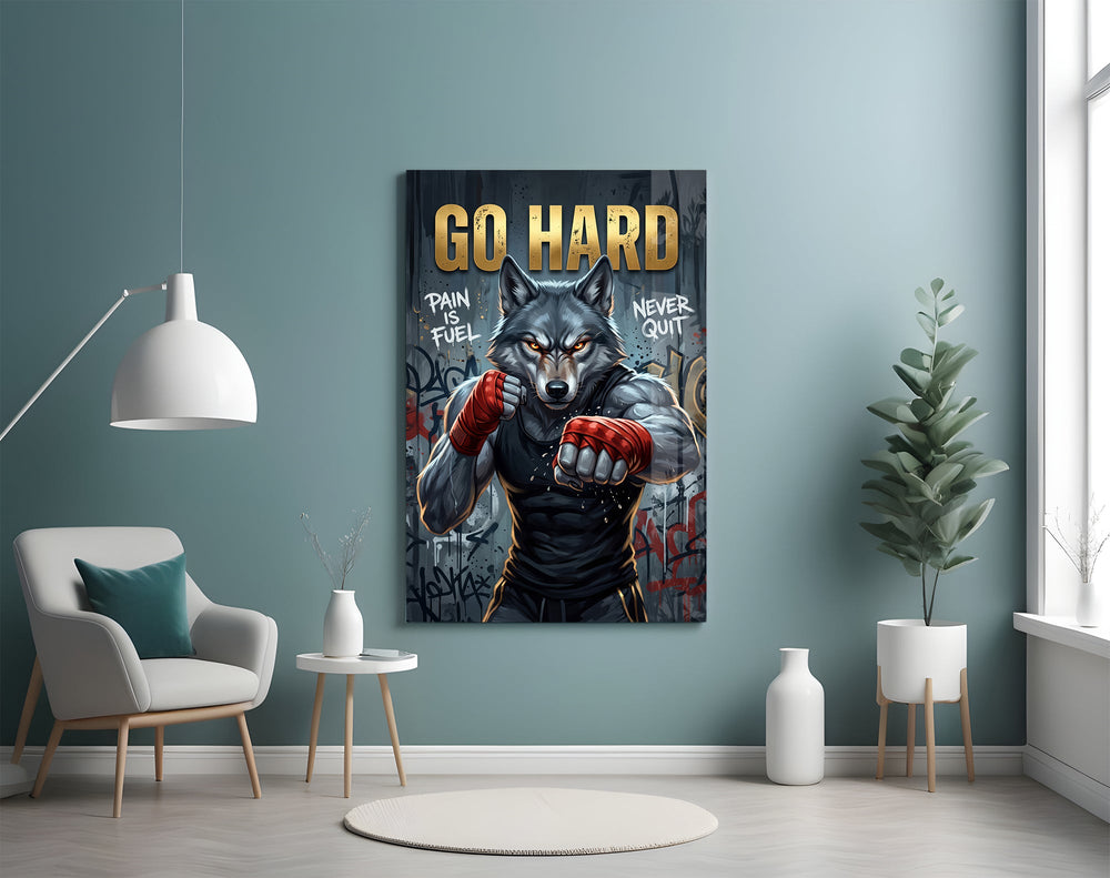 a boxing wolf with red hand wraps glass wall art styled above an armchair in a reading corner