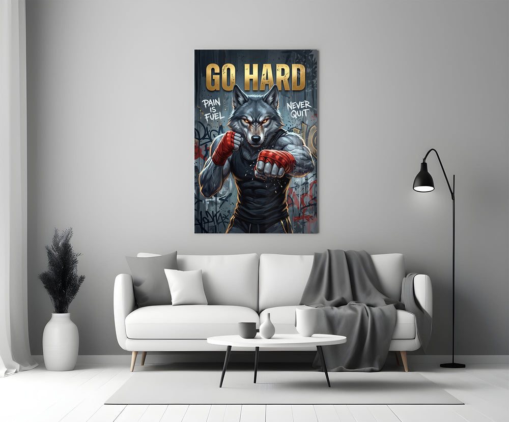a boxing wolf with red hand wraps panel bringing character to a minimalist living room wall