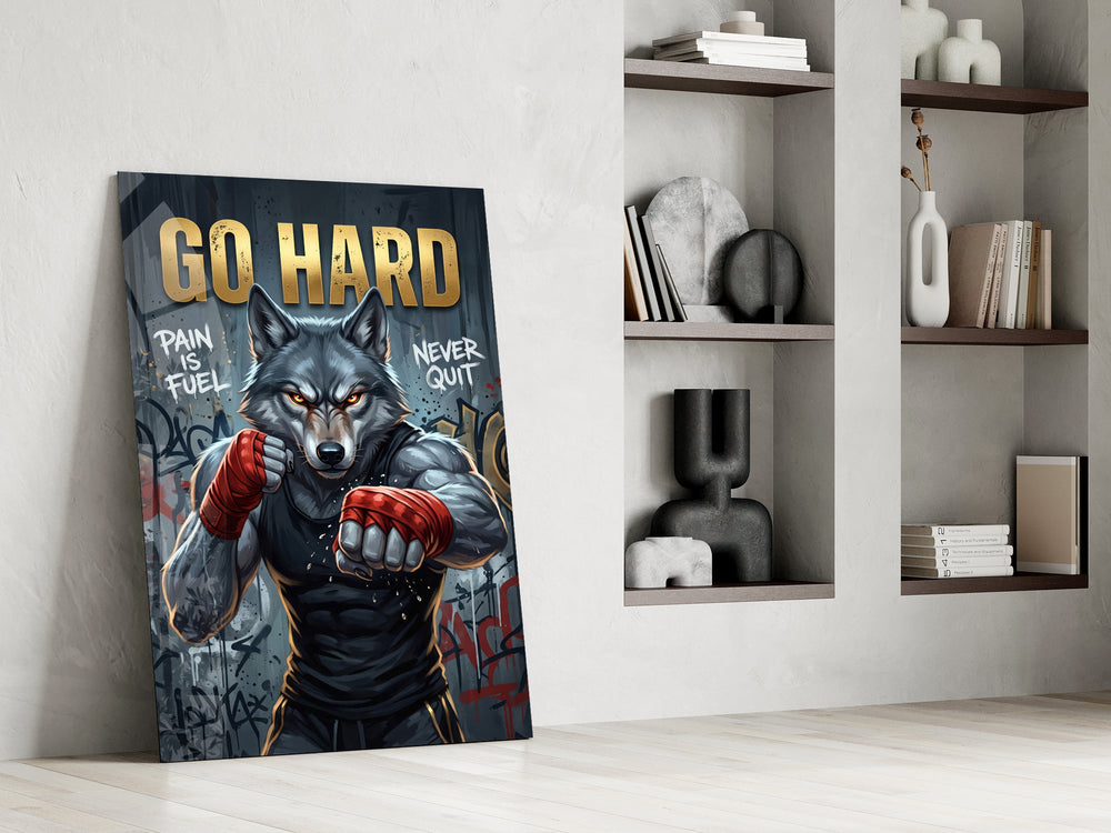 a boxing wolf with red hand wraps panel resting in a shelving niche in a modern interior